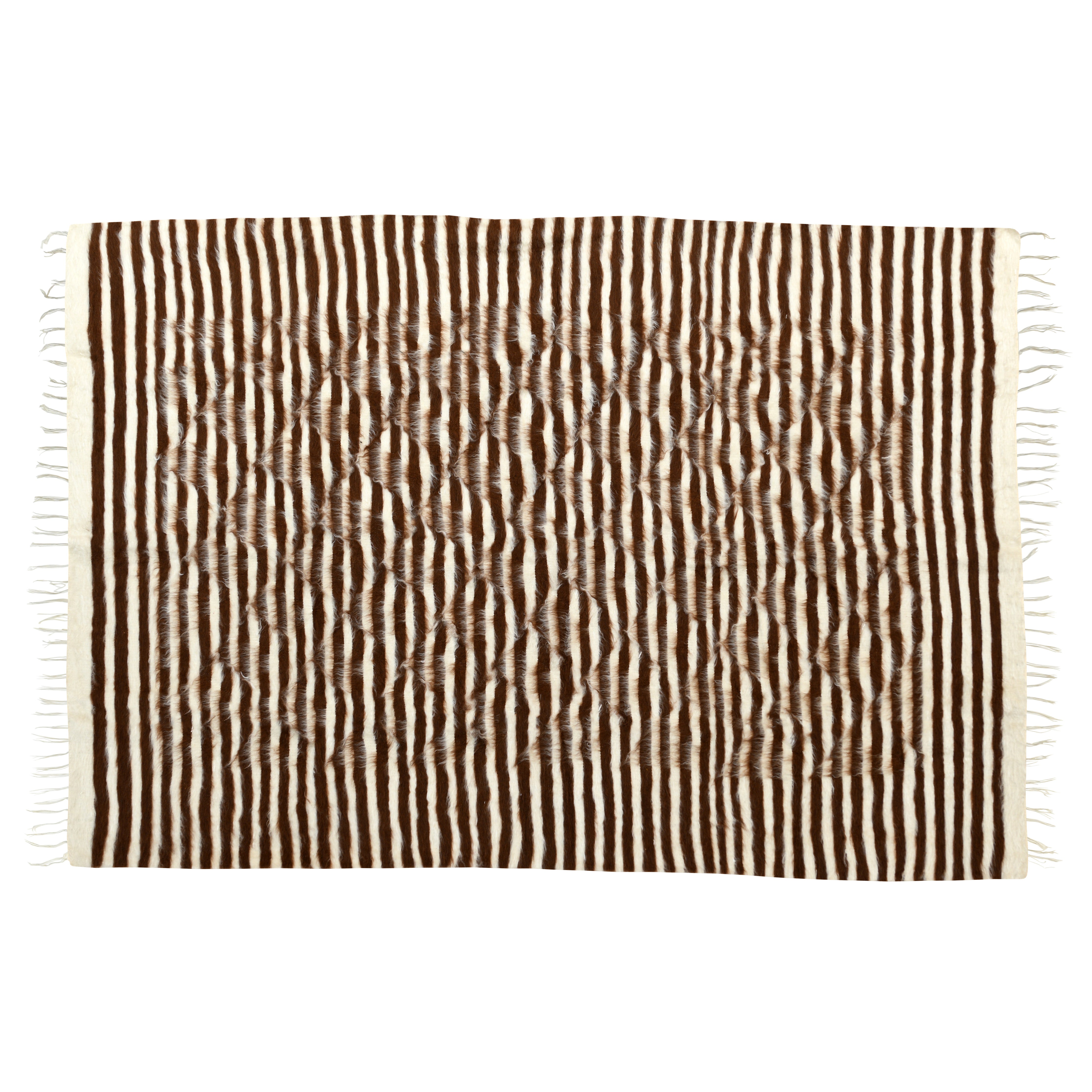 Handcrafted Agate rug with rich brown and cream stripes, made from 100% organic natural mohair, inspired by the captivating patterns and calming energy of agate gemstones