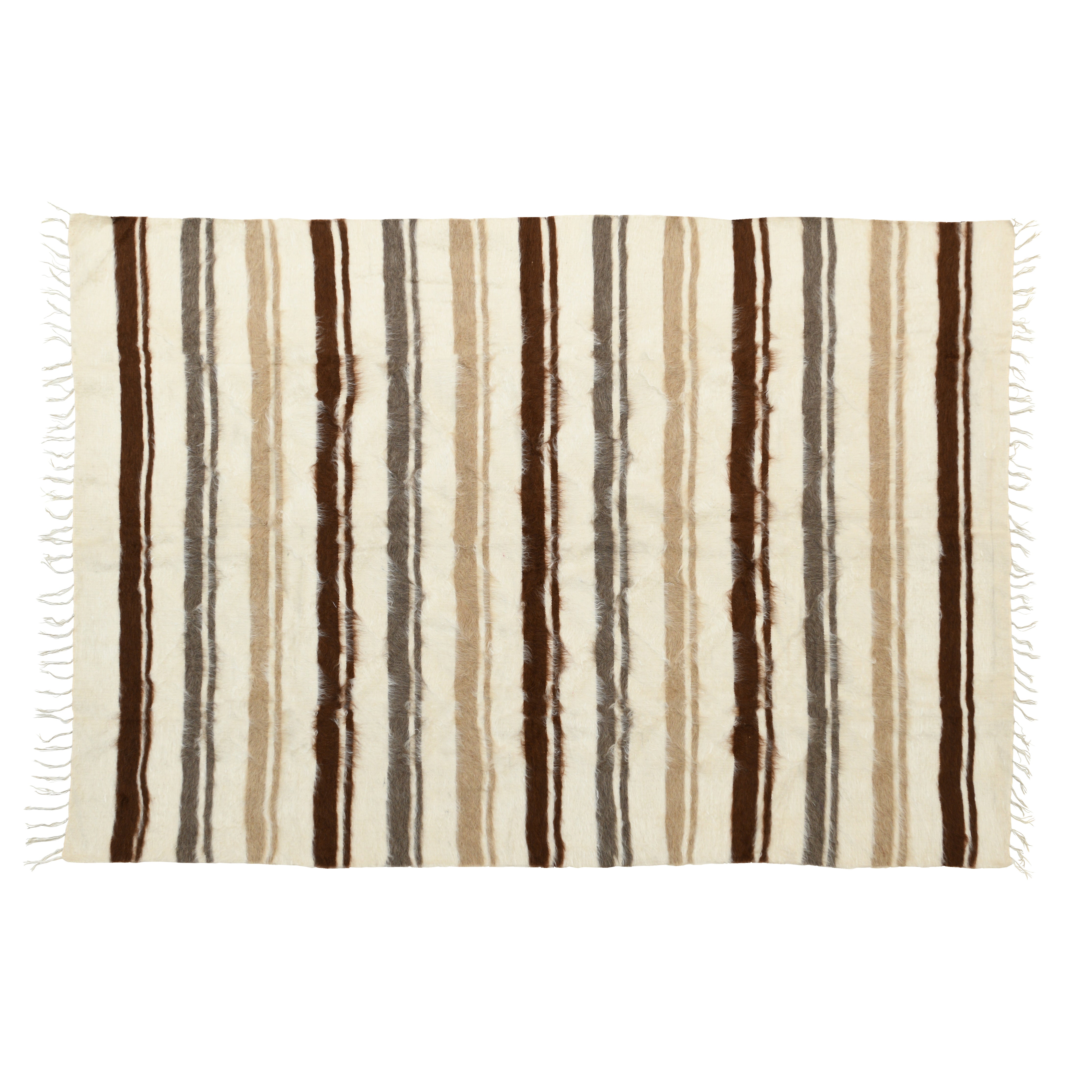 Handmade Linjeflod rug crafted from 100% organic natural mohair, showcasing earthy brown, gray, and white stripes inspired by Scandinavian design and folklore