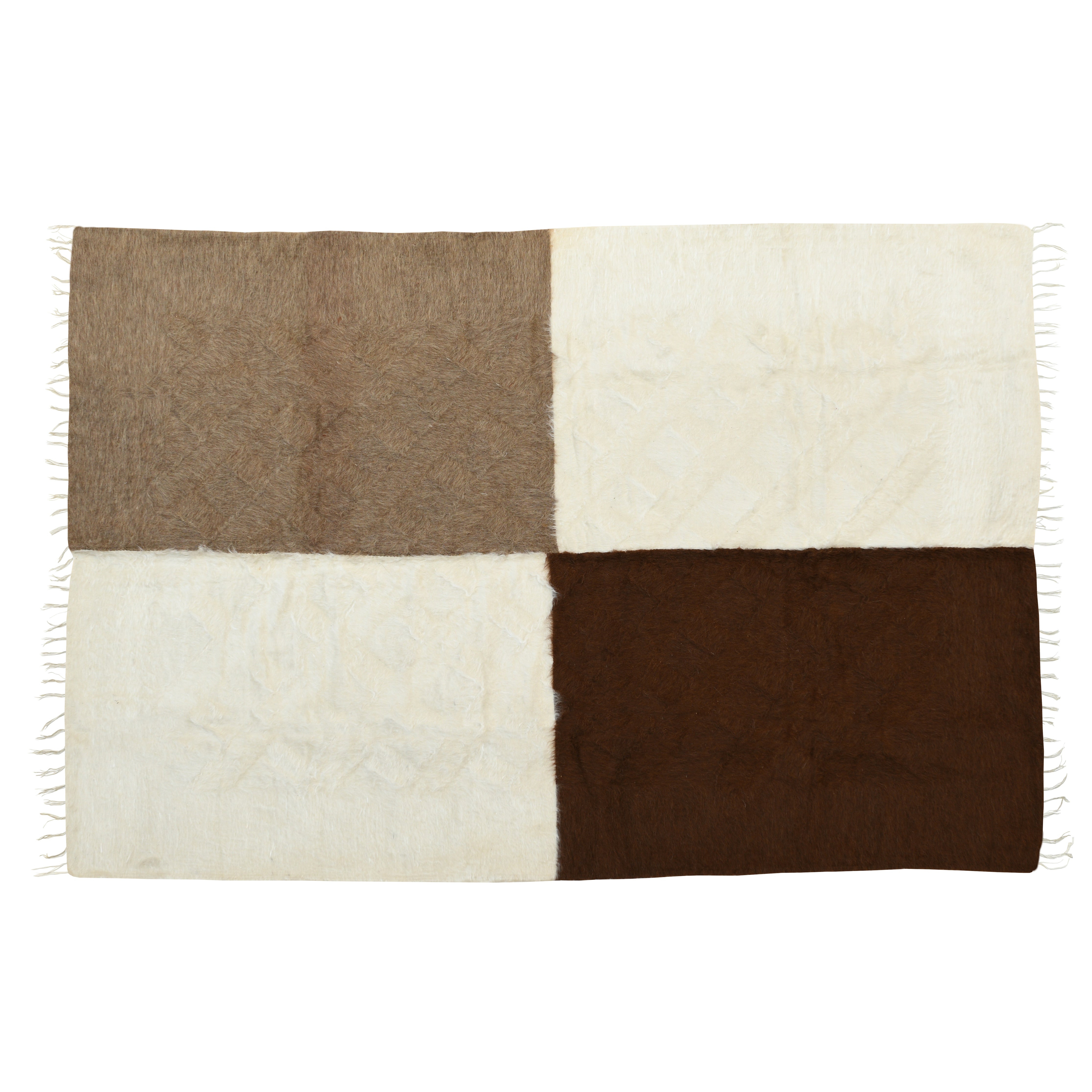 Sjakkmatt organic mohair rug with a chessboard-inspired design in earthy browns and soft whites, handcrafted to embody the strategic elegance and rustic charm of Scandinavian artistry