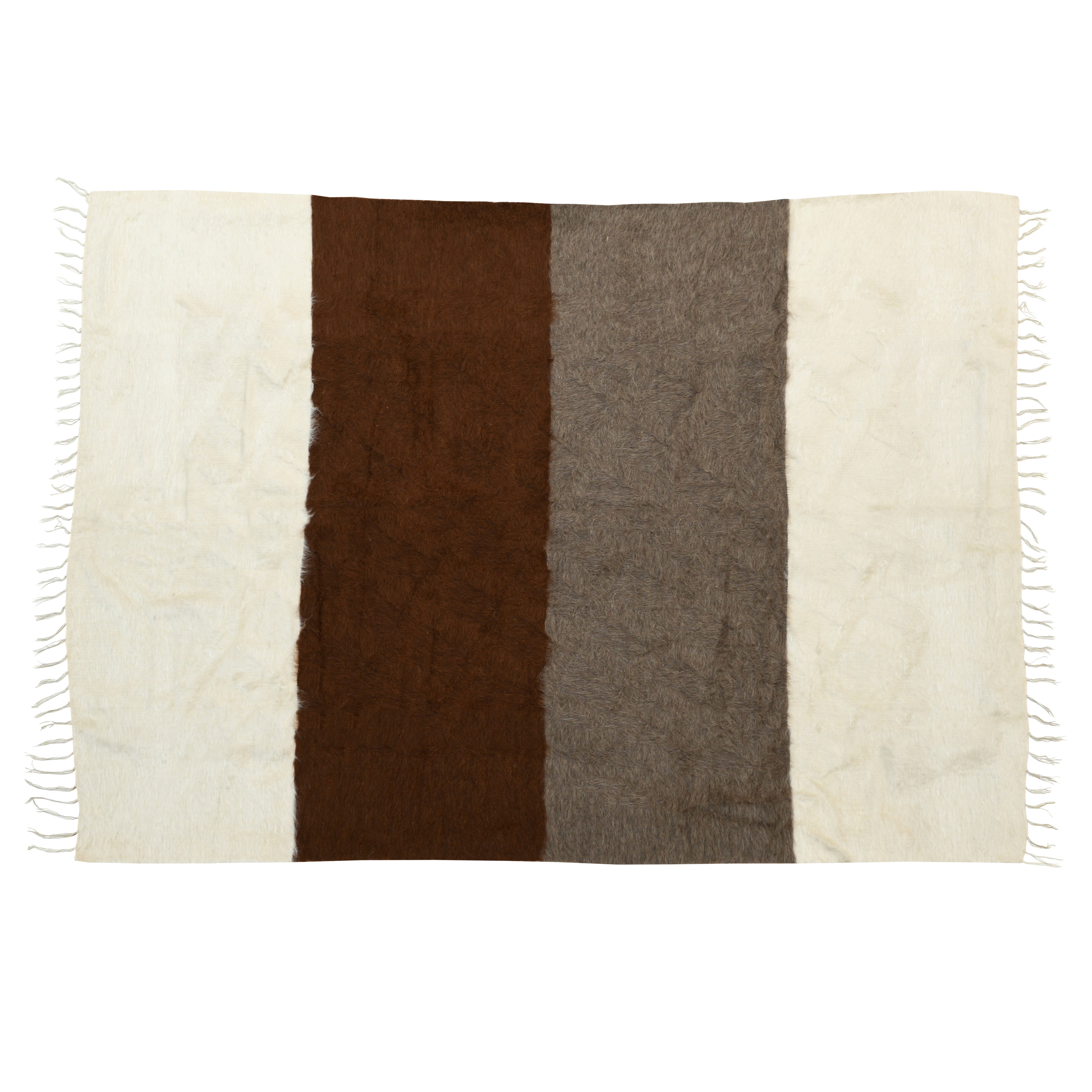 Tricolore handmade rug crafted from 100% organic natural mohair, featuring warm browns, soothing grays, and pristine whites, inspired by the Italian countryside